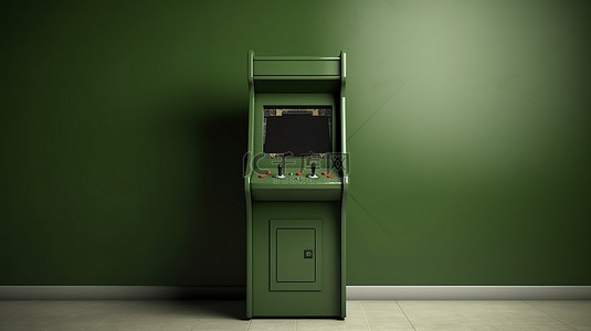 游戏街机的 3D 渲染，带有空白屏幕，靠在橄榄墙上，用于定制设计