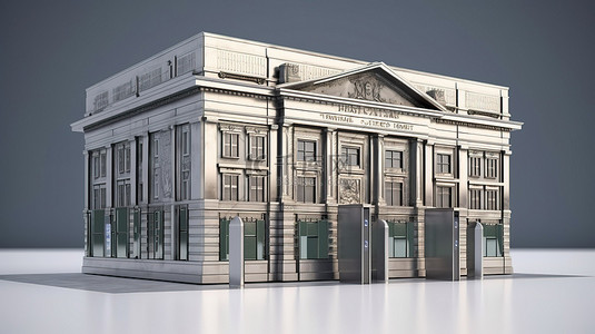 带有剪切路径的 3D 渲染中的信用卡和银行大楼融合