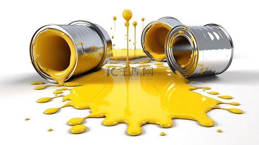 金洒背景图片_白色背景上的 3D 插图中捕获的金属罐中溢出的黄色油漆