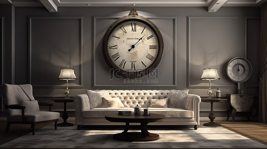 墙壁沙发背景图片_经典的 3D 室内设计，配有永恒的沙发时钟和桌子