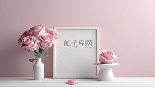 白框上粉红玫瑰的情人节概念的 3D 渲染