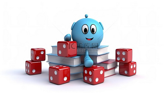 教育游戏背景图片_白色背景上带有红色游戏骰子立方体的飞行蓝书人物吉祥物的 3D 渲染