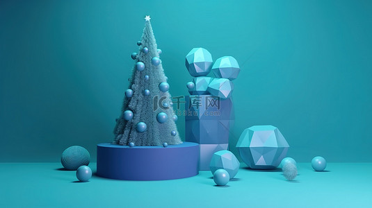 讲台上圣诞树的蓝色背景 3D 渲染
