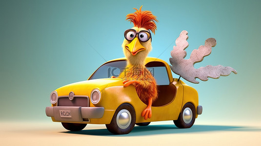 开车背景图片_1 一只幽默的 3D 鸡举着牌子开车