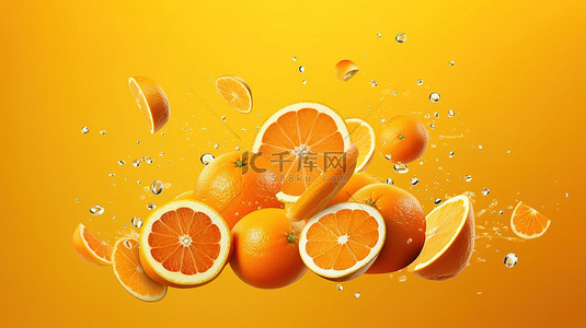 抽象水果背景图片_橙色背景下悬浮在半空中的切片葡萄柚的 3D 渲染