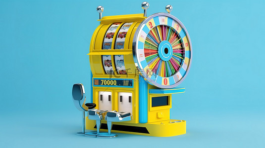 老虎机和轮盘赌轮在浅蓝色背景下进行 3D 渲染，带有黄色蓝色和白色的流行音乐