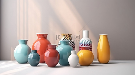 充满活力的家居装饰 3D 渲染彩色陶瓷花瓶和带有白色背景和复制空间的花盆