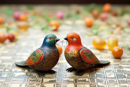 中字体背景图片_两只鸟的装饰品被放置在古色古香的字体中