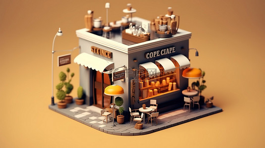 咖啡店餐厅和送货服务的 3D 插图
