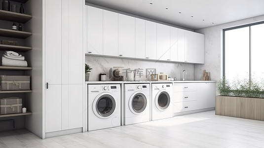 令人惊叹的现代洗衣房，配有 3D 渲染的白色装饰