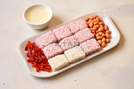 青菜粒火腿炒饭背景图片_陶瓷盘上的粉色炒饭和米饼