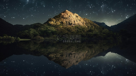 星夜的山丘倒映在湖中 3D 渲染图像