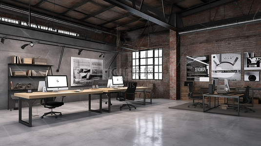 科技设备背景图片_使用高科技设备在工业办公室 3d 渲染中显示的在线营销网站