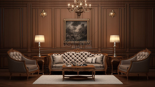 经典风格的休息室，配有沙发扶手椅和雕刻木墙，配有电视区 3D 渲染