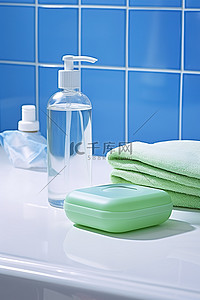 带肥皂乳液和绿色毛巾的浴室