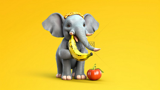 欢快的 3D 大象插画，顽皮地抓着香蕉