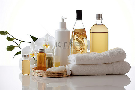 白色乳液背景图片_一个装有各种瓶子油乳液和兰花的浴缸