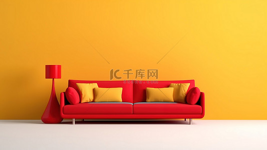 搭配红色背景图片_简约的深红色沙发，搭配 3D 渲染的微妙白色和阳光黄色背景