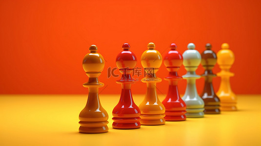 橙色背景上充满活力的棋子，通过 3D 设计拥抱包容性个性和创造力