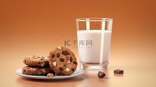 喝牛奶卡通背景图片_早餐横幅的美味 3D 插图，配有牛奶砖巧克力饼干和一杯牛奶