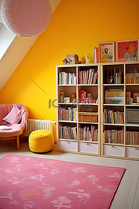 黄色灯背景图片_黄色的游戏室里摆满了很多书