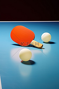 小老虎打乒乓球背景图片_蓝色乒乓球桌上有两个白色乒乓球和一个橙色球拍