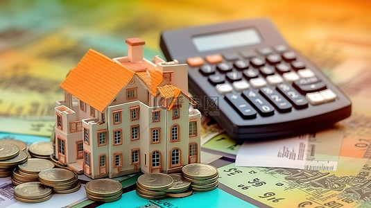 资金预算背景图片_在印度实现拥有住房的梦想，具有 3d 房屋模型印度纸币和财务规划计算器