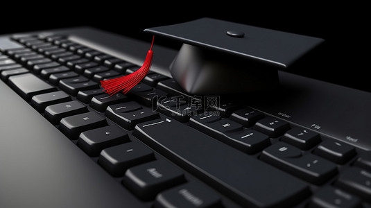 教育辅导背景背景图片_电脑键盘上的毕业帽 3D 黑板设计