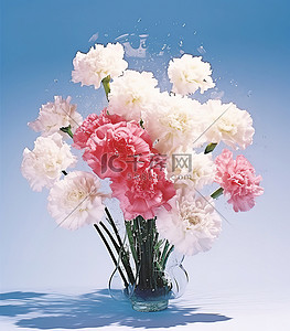 一束康乃馨背景图片_一束粉色和白色康乃馨放在蓝色物体上