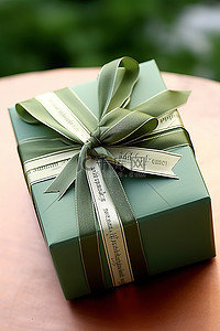 带白色和黑色丝带的大绿色礼品盒