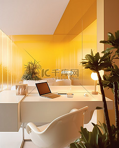 黄色墙壁背景图片_有黄色墙壁和一张桌子的现代办公室