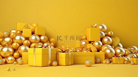 3d 渲染黄色圣诞快乐和新年背景与礼品盒