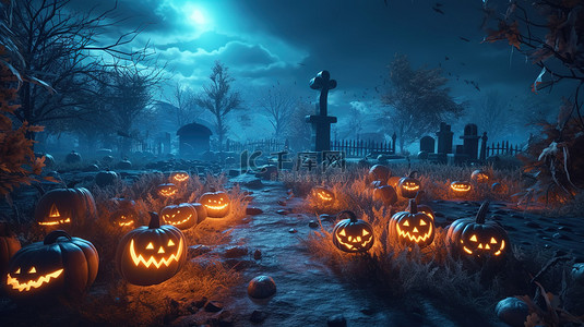 墓地的怪异 3D 渲染，上面有光彩夺目的万圣节南瓜鬼树和坟墓，用于秋季庆祝活动