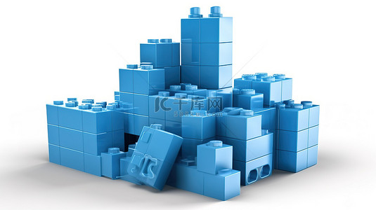 白色背景展示了孤立的蓝色塑料积木的 3D 插图