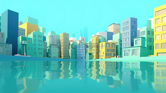 低聚游戏城在水卡通风格 3D 渲染与 4k 背景