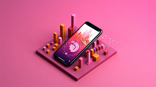 商业信息展示背景图片_智能手机和图表的 3D 渲染，展示了在充满活力的粉红色背景下商业和金融领域的成功营销策略