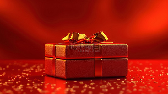 红色背景上饰有金色丝带的红色礼品盒的 3D 插图