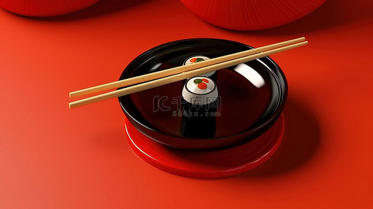 充满活力的红色背景上的寿司和筷子的简约 3D 渲染