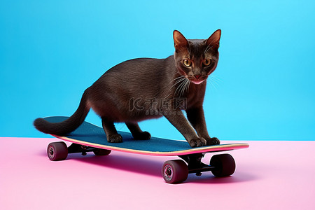 粉色玩具背景图片_粉色玩具滑板上的黑猫
