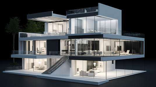 独立水平的现代住宅设计 3d 渲染