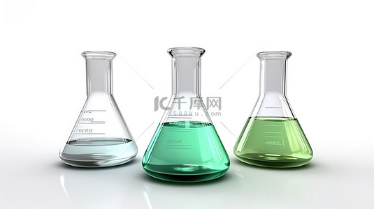 化学实验室器皿背景图片_带实验室玻璃器皿的白色背景化学烧瓶的 3D 渲染