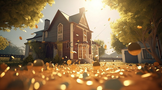 3D 渲染图像硬币落在金钱树上，背景是一座房子