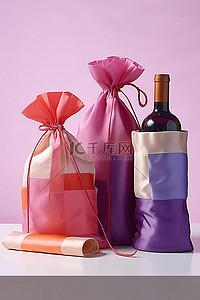 丝绸桌子背景图片_桌子上的三个丝绸礼品袋和一个瓶子