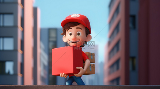 新角色背景图片_穿着红色背心的 3D 渲染角色携带盒子前往新办公室或公寓