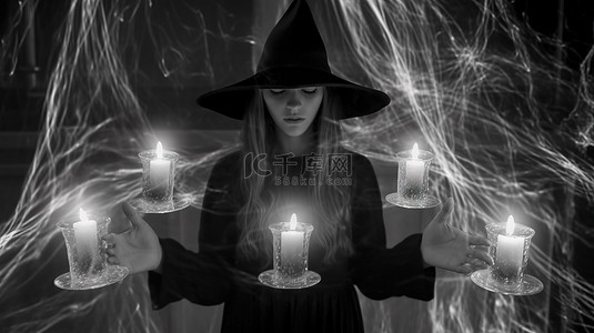 超自然的背景图片_邪恶女巫在 3D 故障虚拟现实黑白版中抓住蜡烛