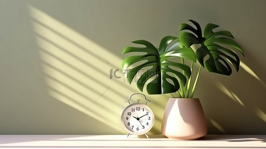 时钟复古背景图片_带时钟和阴影场景的花瓶中龟背竹植物的 3D 渲染