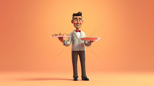 男服务员背景图片_卡通风格 3D 插画的服务员端着托盘