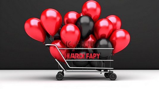 闪闪发光的红色气球装饰黑色星期五销售传单，具有白色水平框架 3D 渲染