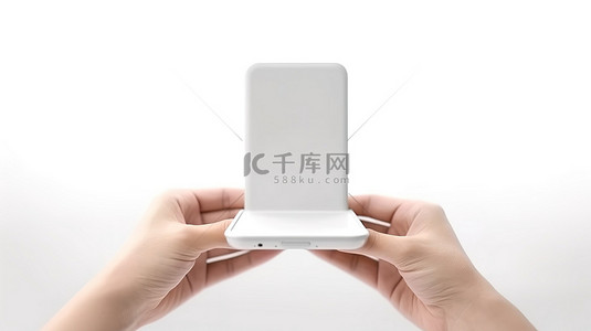 手机移动设备背景图片_白色背景下塑料支架中手持智能手机的 3D 渲染