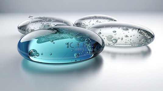 白色背景上悬浮在水泡中的隐形眼镜的 3D 渲染